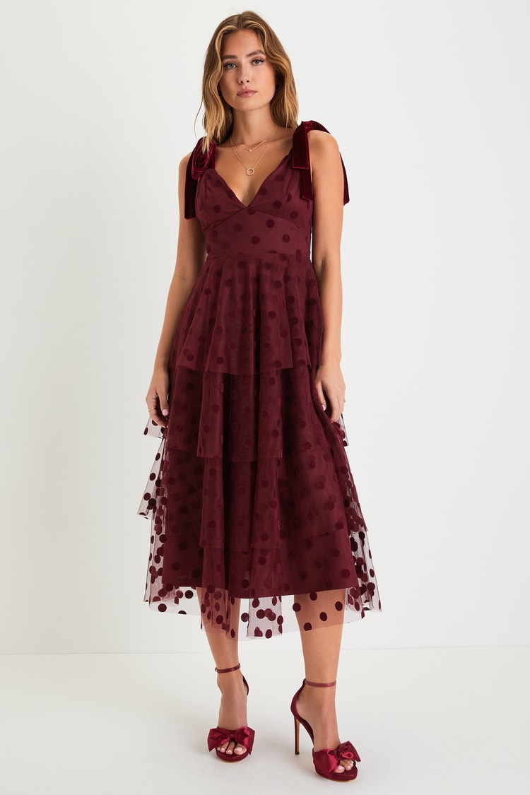 Burgundy Tiered Midi Dress - Polka Dot Dress - Tie-Strap Dress - Lulus Burgundy Tiered Midi Dress - Polka Dot Dress - Tie-Strap Dress - Lulus