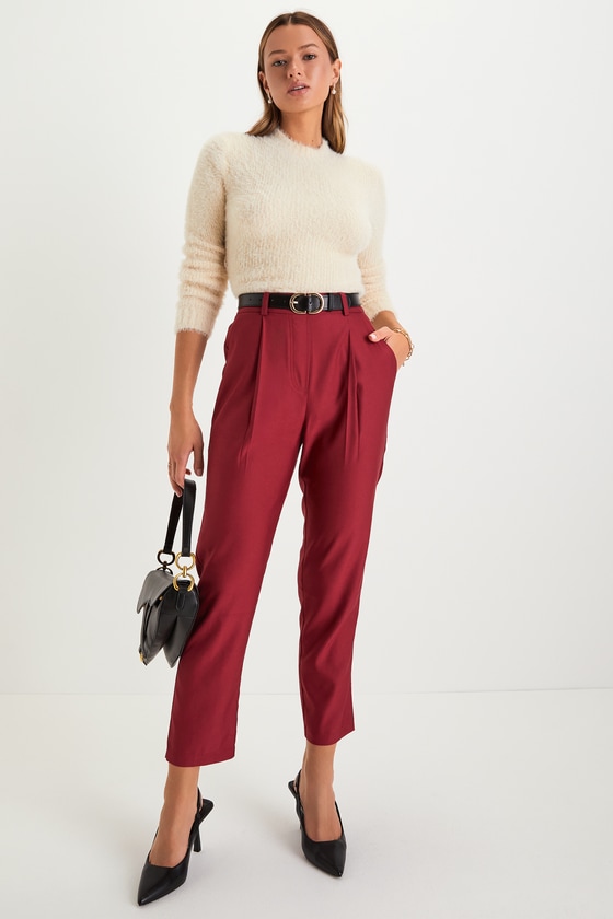 Wine Red Twill Pants - High Rise Tapered Pants - Trouser Pants - Lulus