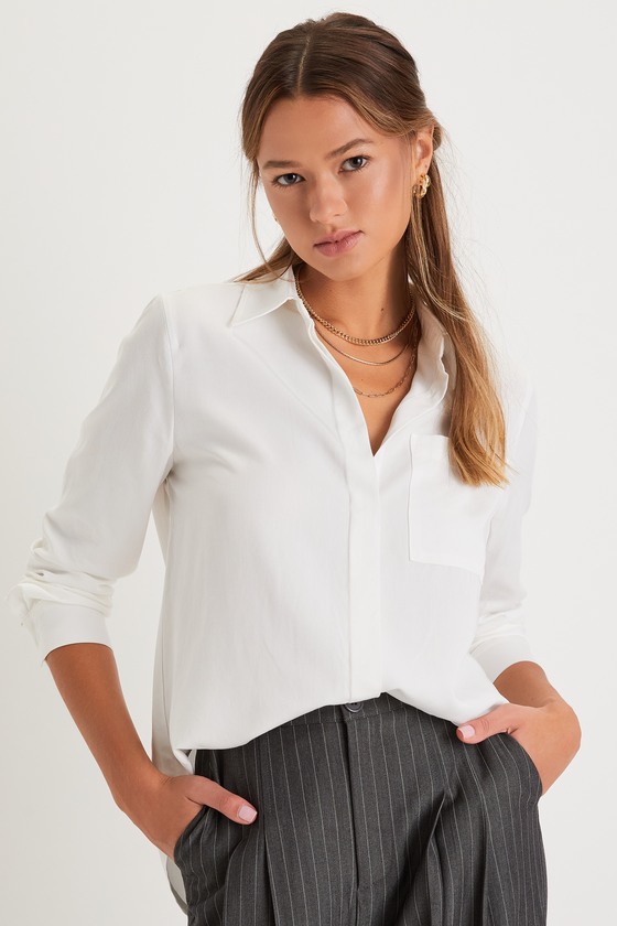 Elevated Aesthetic Ivory Collared Long Sleeve Button-Up Top 1