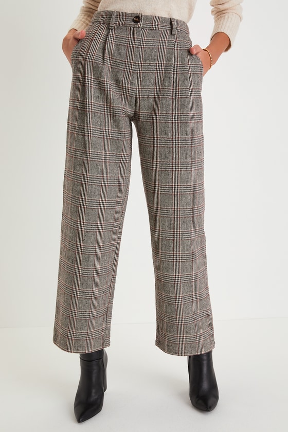 Grey Plaid Pants - High Rise Pants - Straight Leg Trouser Pants - Lulus