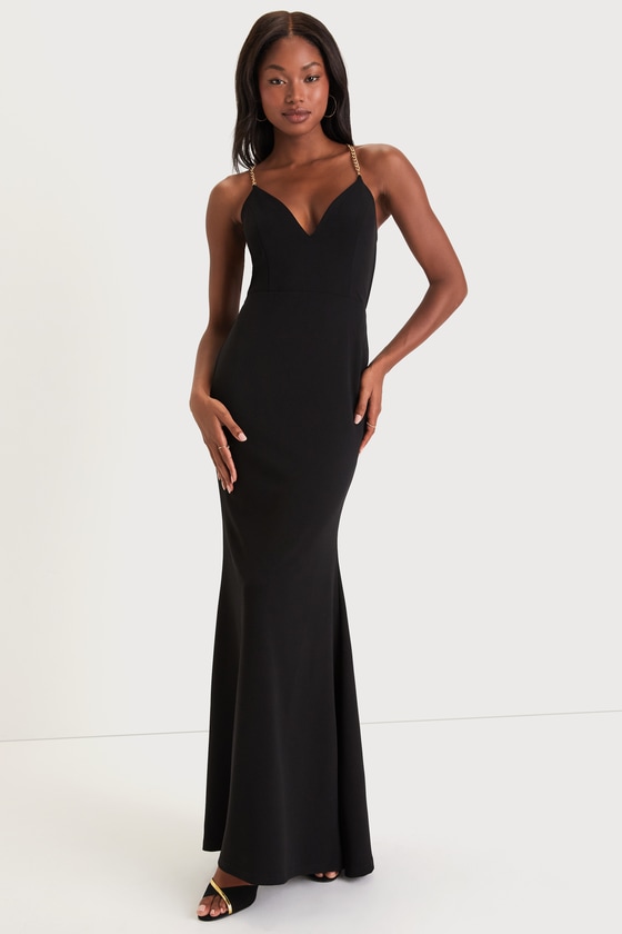 Lulus Graciously Glam Black Chain Strap Backless Maxi Dress