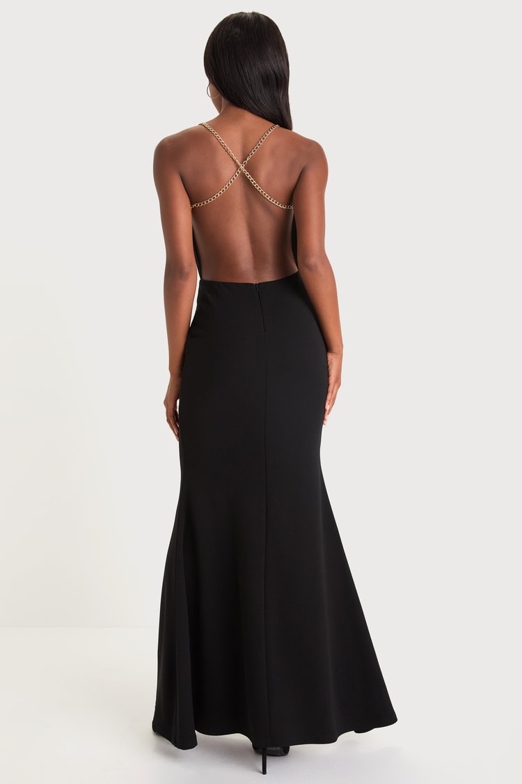 Graciously Glam Black Chain Strap Backless Maxi Dress