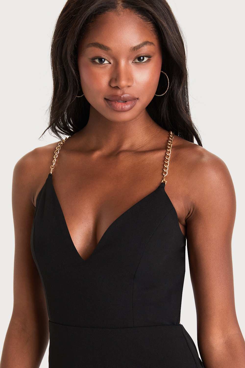 Graciously Glam Black Chain Strap Backless Maxi Dress
