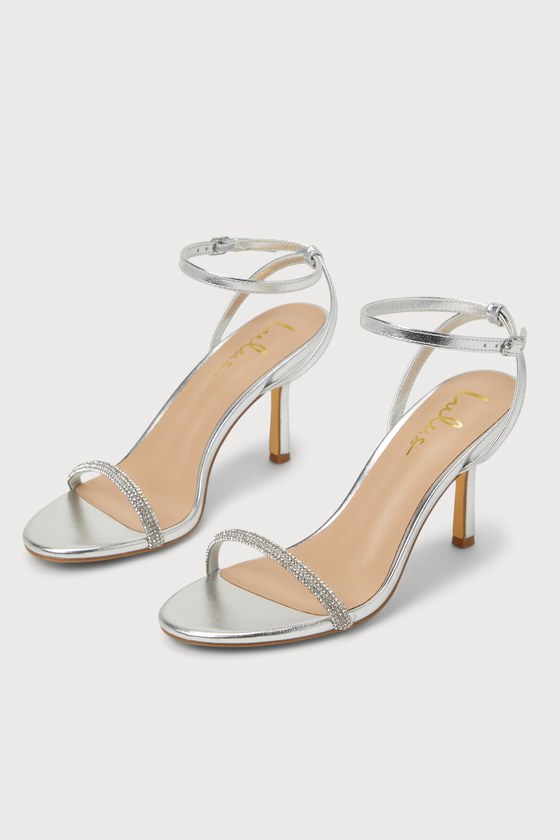 Joycie Silver Metallic Rhinestone Ankle Strap High Heel Sandals 2
