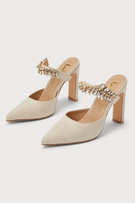 Floresa Light Nude Suede Rhinestone Pointed-Toe Mule Pumps 5