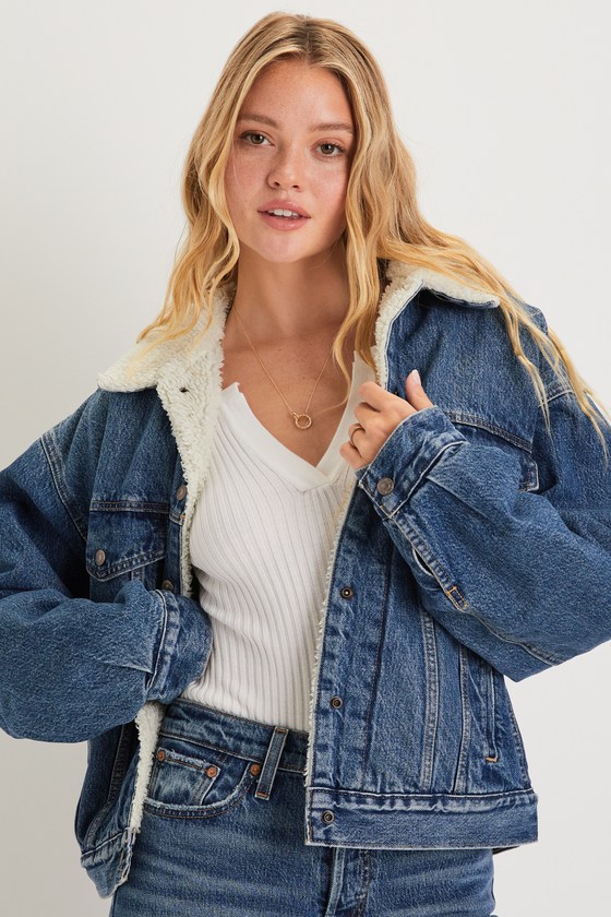 90s Denim Shearling Medium Wash Trucker Jacket 4