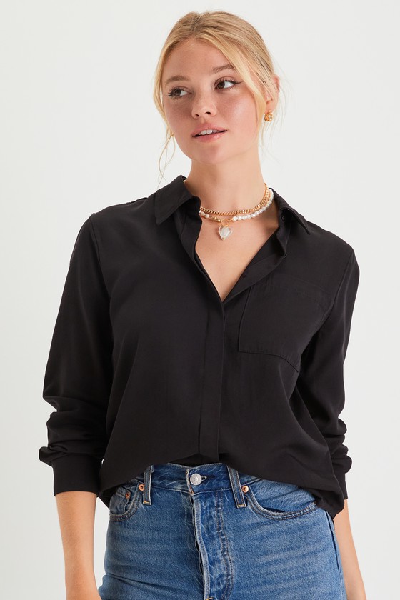 Black Collared Top - Long Sleeve Shirt - Button-Up Top - Blouse - Lulus