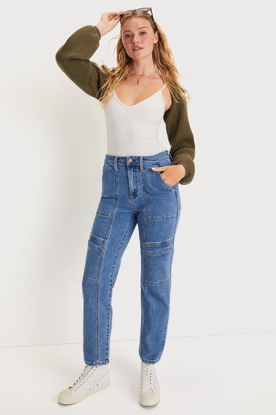 Medium Wash Denim Jeans - Cargo Jeans - High-Rise Denim Jeans - Lulus