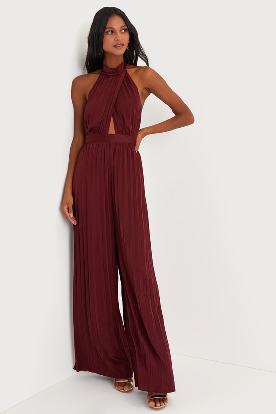 Lulus Confident Impression Burgundy Satin Pleated Halter Jumpsuit