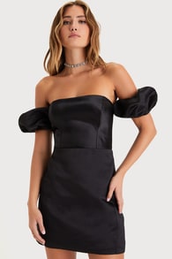 Significant Sensation Black Satin Off-the-Shoulder Mini Dress