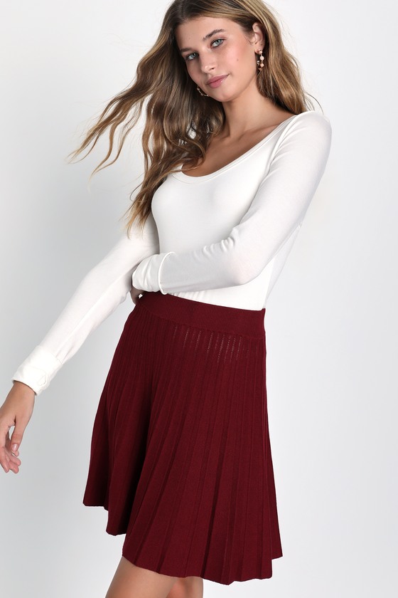 Lulus Chic Vision Burgundy Pleated Sweater Mini Skater Skirt