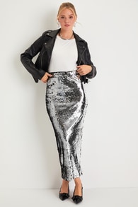 Dazzling Appearance Silver Sequin High Rise Midi Skirt