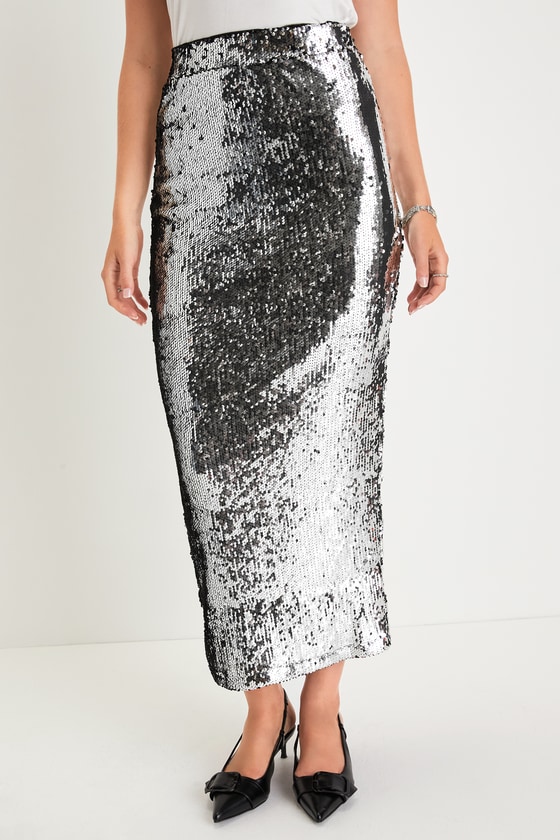Dazzling Appearance Silver Multi Sequin High Rise Midi Skirt 3