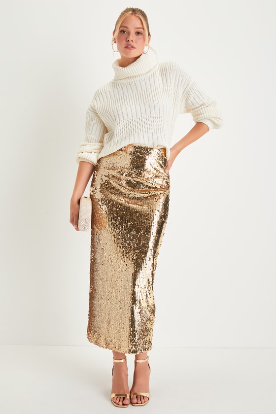 Gold Sequin Skirt - Gold Pencil Midi Skirt - High Rise Midi Skirt - Lulus