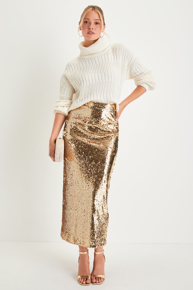 Gold Sequin High-Rise Midi Skirt | Womens | X-Small (Available in M, L) | 100% Polyester | Lulus | Holiday Gold Sequin High-Rise Midi Skirt | Womens | X-Small (Available in M, L) | 100% Polyester | Lulus | Holiday
