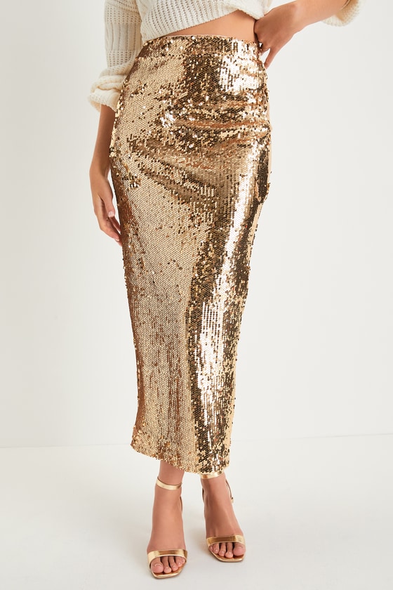 Dazzling Appearance Gold Sequin High-Rise Midi Skirt - thumbnail 2