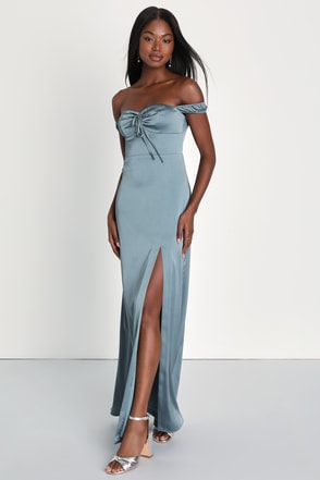 Slate Blue Dress - Satin Maxi Dress - Off-The-Shoulder Dress - Lulus