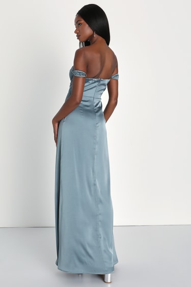 Remarkably Dreamy Slate Blue Satin Off-The-Shoulder Maxi Dress