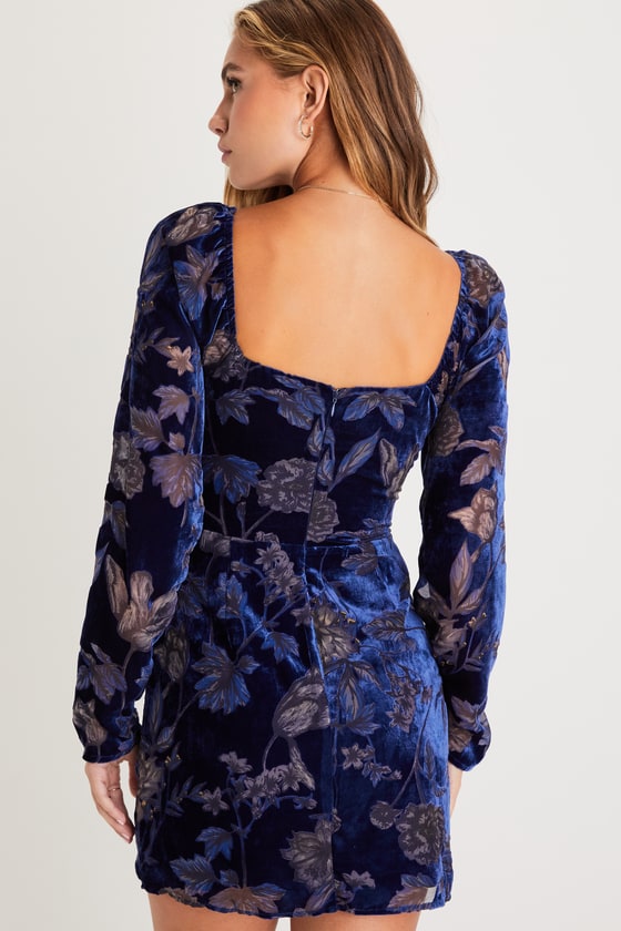 Navy Velvet Mini Dress - Burnout Dress - Floral Bustier Dress - Lulus