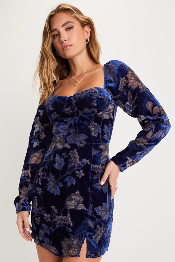 Simply Decadent Navy Velvet Burnout Floral Bustier Mini Dress 4