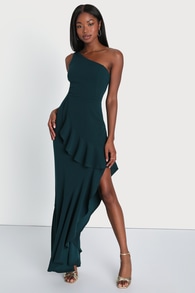 Dramatic Persona Emerald Green One-Shoulder Ruffled Maxi Dress 4