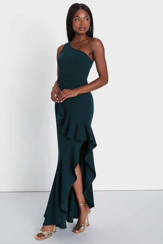 Emerald Green Maxi Dress - Ruffled Maxi - One-Shoulder Maxi Dress - Lulus