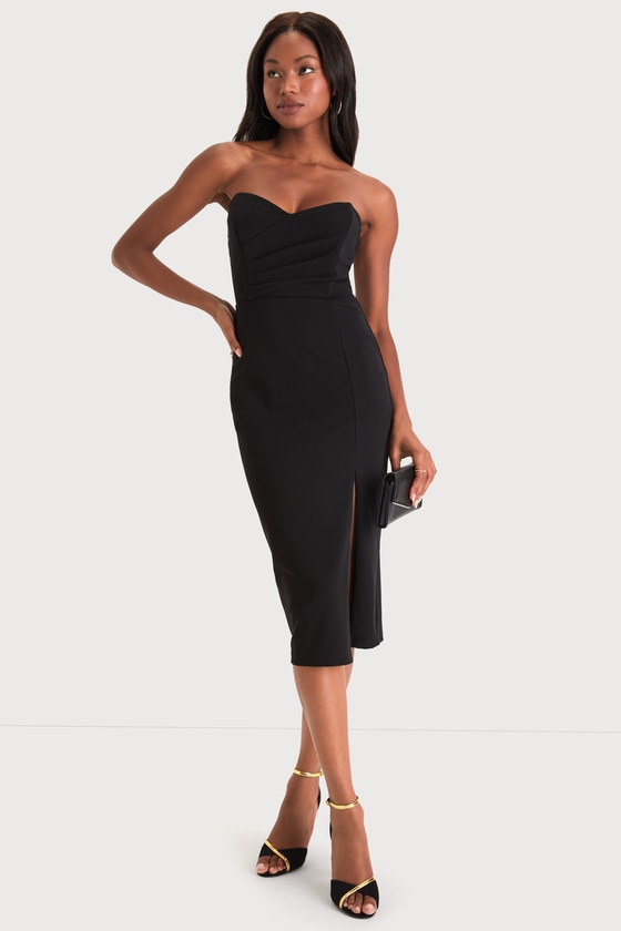 Lulus Iconic Arrival Black Strapless Bustier Bodycon Midi Dress