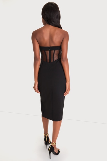 Iconic Arrival Black Strapless Bustier Bodycon Midi Dress
