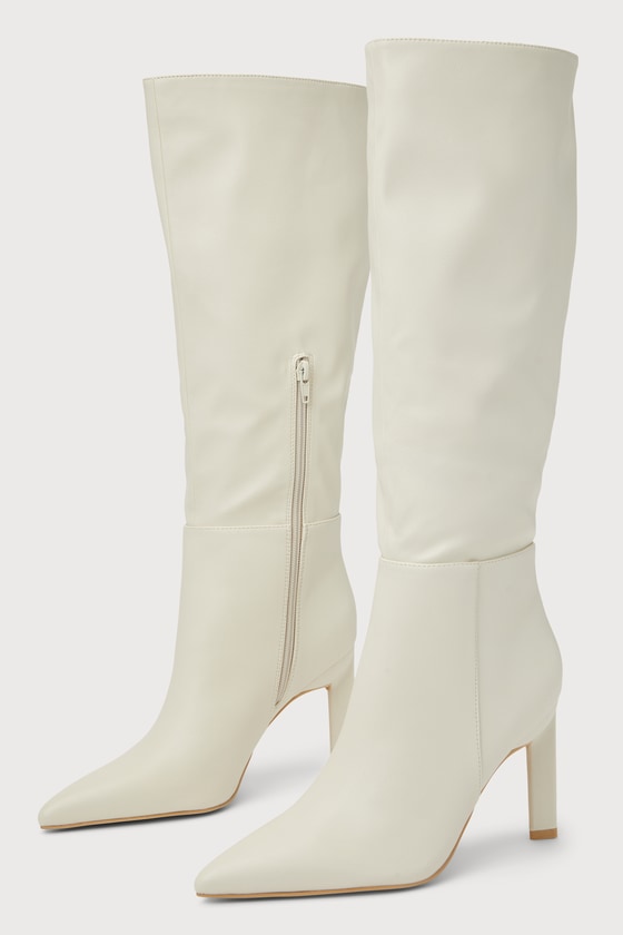 Cream KneeHigh Boots Faux Leather Boots PointedToe Boots Lulus