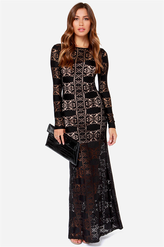 Black Lace Dress - Maxi Dress - Bodycon Dress - $40.00
