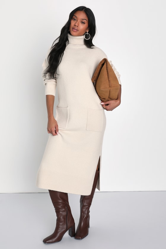 Lulus Cozy Dedication Cream Long Sleeve Turtleneck Midi Sweater Dress In White