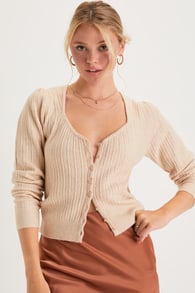 Regal Convenience Beige Ribbed Pearl Button-Up Cardigan