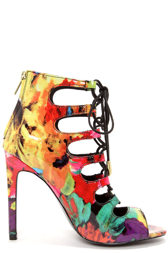 Sexy Floral Print Booties - Peep Toe Heels - Lace Up Booties - $109.00