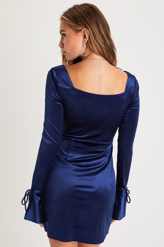 Navy Blue Velvet Dress - Long Sleeve Mini Dress - Blue Mini Dress - Image 3