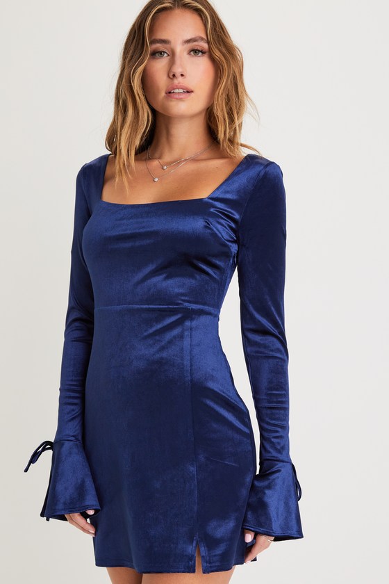 Joyful Poise Navy Blue Velvet Long Sleeve Mini Dress 4