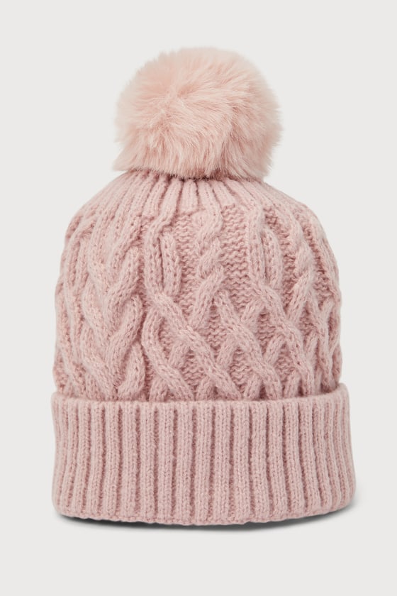 Chilly Day Charm Rose Pink Cable Knit Pom-Pom Beanie 1
