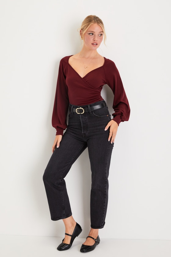 Effortless Poise Burgundy Long Sleeve Surplice Top 1