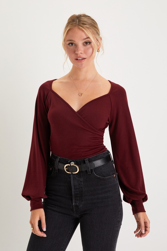 Cute Burgundy Top Surplice Top Long Sleeve Top Lulus Cute Burgundy Top Surplice Top Long Sleeve Top Lulus