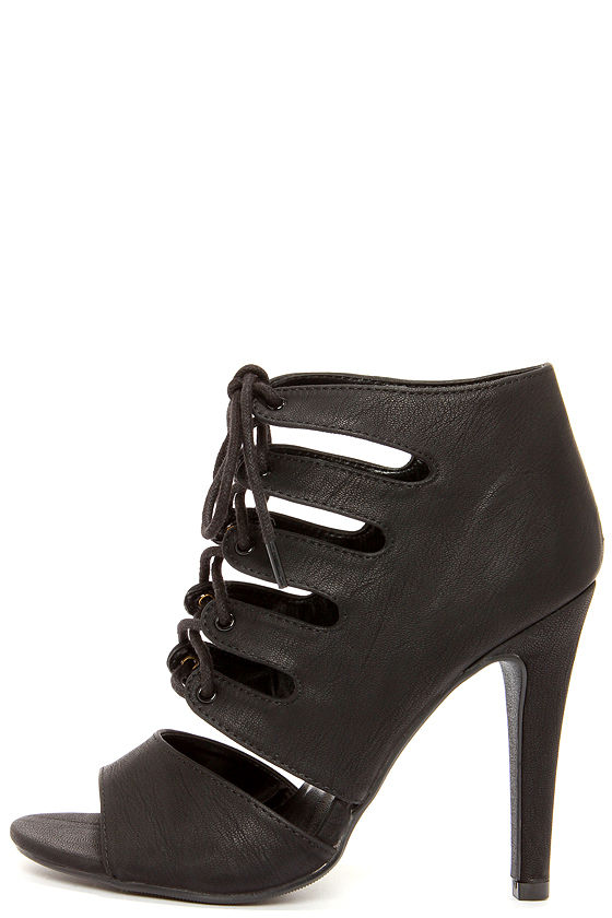 black lace up high heel booties