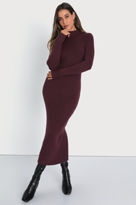 Autumnal Sensation Plum Purple Ribbed Long Sleeve Sweater Dress