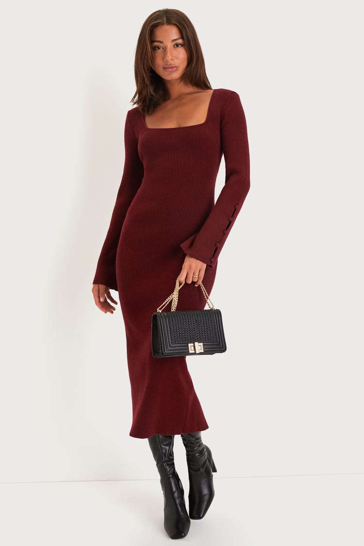 Classy Attitude Burgundy Ribbed Square Neck Midi Sweater Dress