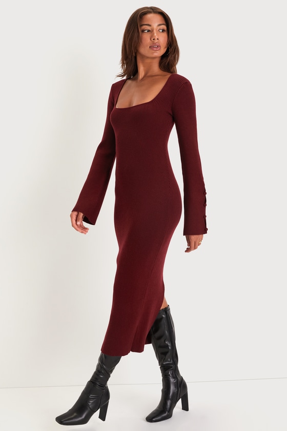 Classy Attitude Burgundy Ribbed Square Neck Midi Sweater Dress 4