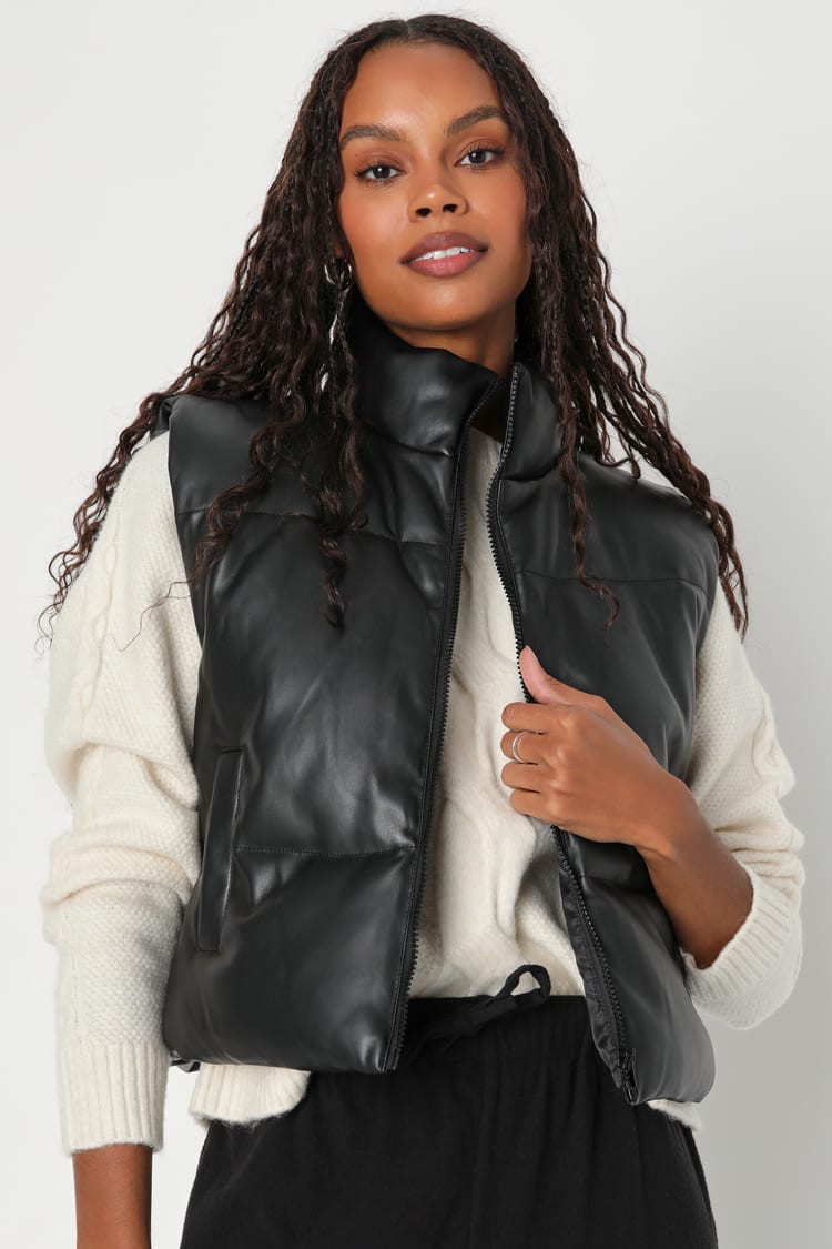 Cloud Nine Cutie Black Vegan Leather Cropped Puffer Vest