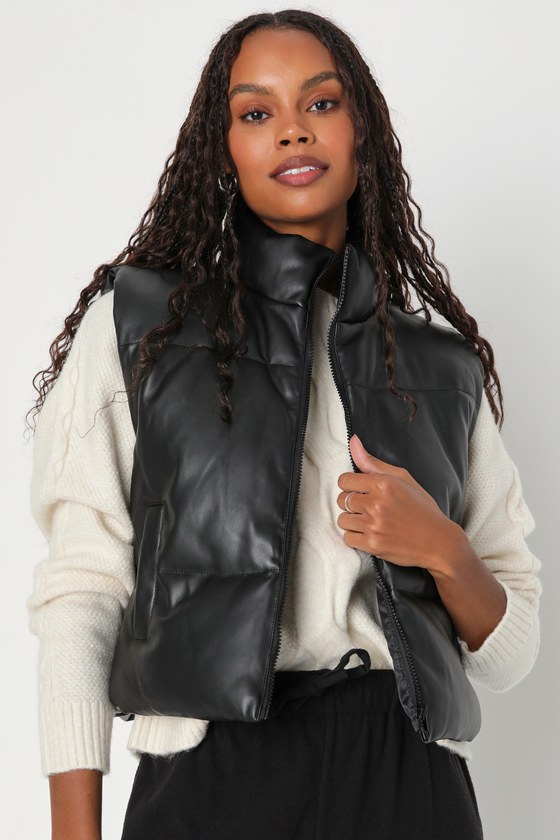 Black Vegan Leather Vest Cropped Vest Cropped Puffer Vest Lulus