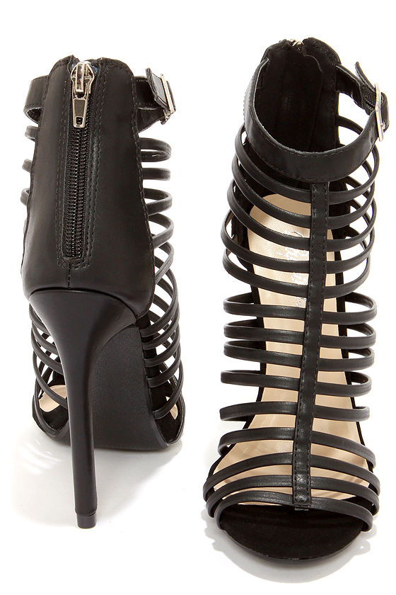 Peep Toe Shoes - Black Caged Heels - High Heel Sandals - $31.00