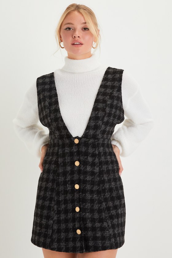 Lulus Proper Cutie Black Plaid Tweed Button-front Pinafore Dress