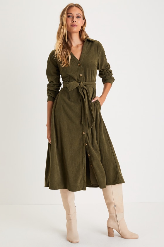 Casual Affection Olive Green Corduroy Midi Dress with Pockets 1