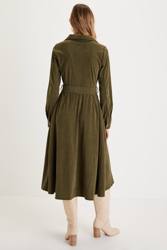 Casual Affection Olive Green Corduroy Midi Dress with Pockets 2
