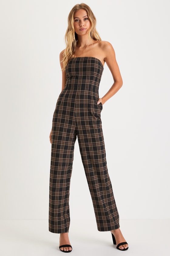 Lulus Sophisticated Mood Black Plaid Strapless Straight Leg Jumpsuit