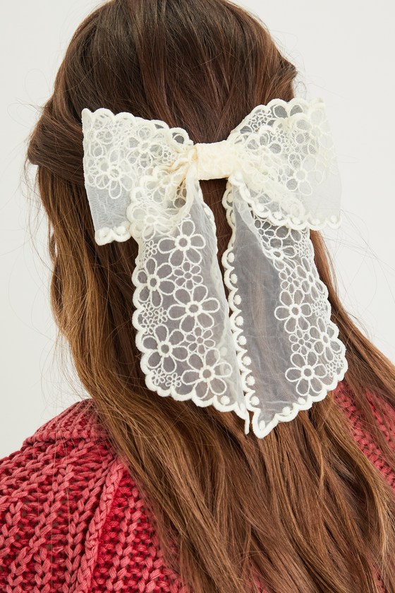 Ivory Embroidered Bow Hair Bow Bow Barrette Sheer Hair Bow Lulus